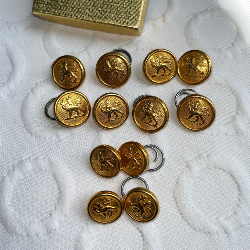 Vintage: set of 12 gold-tone (brass) buttons with lion motif, NWOT.